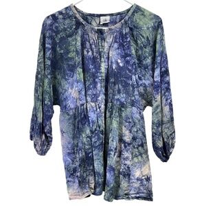 Cabi Woodstock Boho Linen Tie Dye Button Down 3/4 Sleeve Tunic Blouse‎ Medium